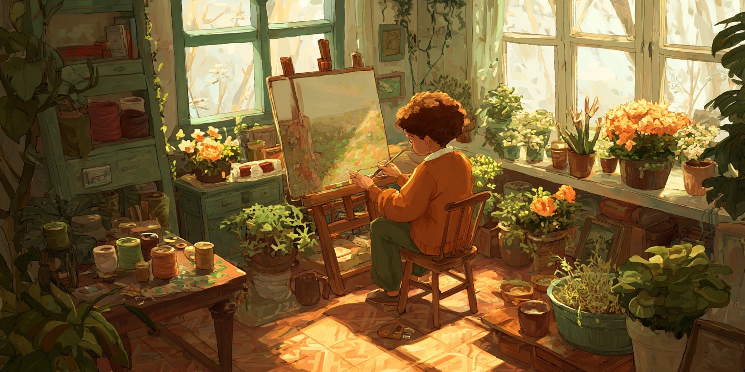 A cozy sunlit studio filled with potted plants, where a person with curly hair in a warm sweater sits at an easel painting, surrounded by greenery, art supplies, and vibrant flowers—capturing the joy of exploring new hobbies and creative passions.
